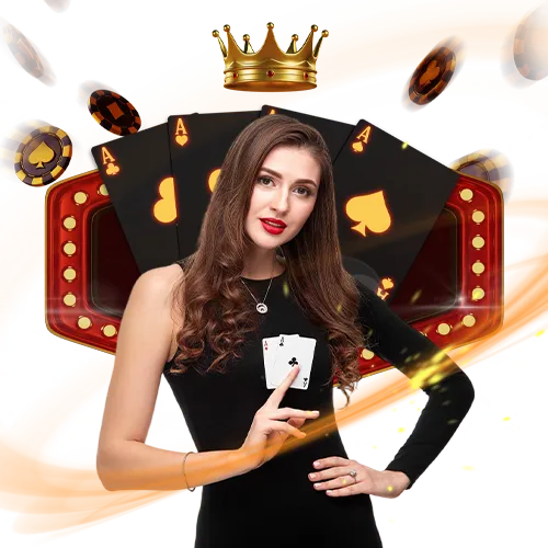Woman holding playing cards, casino theme.